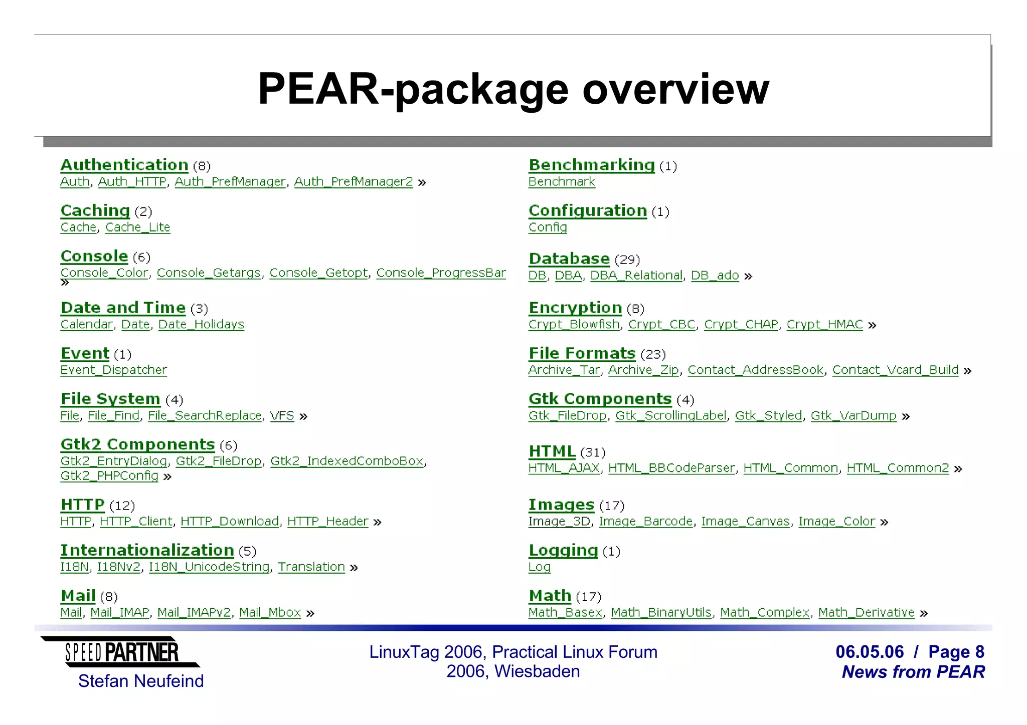 06.05.06 / Page 8
News from PEAR
Stefan Neufeind
LinuxTag 2006, Practical Linux Forum
2006, Wiesbaden
PEAR-package overview
 