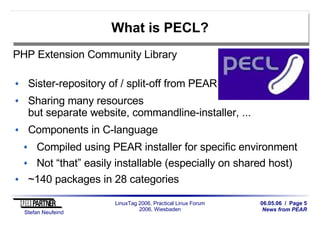 06.05.06 / Page 5
News from PEAR
Stefan Neufeind
LinuxTag 2006, Practical Linux Forum
2006, Wiesbaden
What is PECL?
PHP Extension Community Library
Sister-repository of / split-off from PEAR
Sharing many resources
but separate website, commandline-installer, ...
Components in C-language
Compiled using PEAR installer for specific environment
Not “that” easily installable (especially on shared host)
~140 packages in 28 categories
 