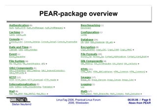 06.05.06 / Page 8
News from PEAR
Stefan Neufeind
LinuxTag 2006, Practical Linux Forum
2006, Wiesbaden
PEAR-package overview
 