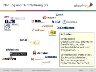 Planung und Durchführung (2)


 CVS                                                    Bugzilla

                                                                        MoinMoin




                                                                   Kriterien:
                                                                   strategische
                                                                   Gesichtspunkte, Erfahrung,
                                                                   Gewährleistung der
                                                                   Nachvollziehbarkeit und
                                                                   Transparenz, ...
                                                                   Verfügbarkeit, Portabilität,
                                                                   Backupmöglichkeiten,
                                                                   Rechtemanagement,
                                                                   Performance, Sicherheit, ...

Copyright © 2010 – akquinet AG   sarah.haselbauer@akquinet.de                      5/24/12   10
 