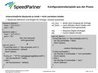 Web-Performance-Optimierung mit varnish
LinuxTag 2013, 25.05.2013
Seite: 10 / 25© SpeedPartner GmbH
Konfigurationsbeispiele aus der Praxis
Unterschiedliche Backends je Inhalt + nicht cachebare Inhalte:
● Backends definieren und Regeln für Anfrage / Antwort auswerten
backend default {
.host = "127.0.0.1";
.port = "82";
}
backend static {
.host = "127.0.0.1";
.port = "81";
}
sub vcl_recv {
if (req.http.host == "dev.example.com") {
set req.backend = default;
return (pass);
}
if (req.url ~ "^/[^?]+.(jpeg|jpg|png|gif|js|css)$") {
set req.backend = static;
} else {
set req.backend = default;
}
}
sub vcl_fetch {
if (req.http.host == "dev.example.com") {
set obj.cacheable = false;
return (pass);
}
... weitere Bedingungen ...
if (!obj.cacheable) {
set obj.http.X-Cacheable = "not cacheable";
return (pass);
} else {
set obj.http.X-Cacheable = "yes";
return (deliver);
}
}
vcl_recv = direkt nach Eingang der Anfrage
vcl_fetch = nach Abholen eines Inhalts vom
Backend (nicht gecached)
req = Request-Objekt (Anfrage)
obj = Cache-Objekt (Inhalt)
Dev hier bewusst
nicht gecached
 