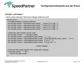 Web-Performance-Optimierung mit varnish
LinuxTag 2013, 25.05.2013
Seite: 11 / 25© SpeedPartner GmbH
Konfigurationsbeispiele aus der Praxis
Anfragen „bereinigen“:
● Nicht cache-relevante Teile einer Anfrage entfernen (1/2)
sub vcl_recv {
# Google Analytics Cookies entfernen
set req.http.cookie = regsub(req.http.cookie,"__utma=[^;]*;?( |$)","");
set req.http.cookie = regsub(req.http.cookie,"__utmb=[^;]*;?( |$)","");
set req.http.cookie = regsub(req.http.cookie,"__utmc=[^;]*;?( |$)","");
set req.http.cookie = regsub(req.http.cookie,"__utmz=[^;]*;?( |$)","");
# alternativ: alle Cookies ausser zwei ...
set req.http.Cookie = ";" req.http.Cookie;
set req.http.Cookie = regsuball(req.http.Cookie, "; +", ";");
set req.http.Cookie = regsuball(req.http.Cookie, ";(PHPSESSID|fe_typo_user)=", "; 1=");
set req.http.Cookie = regsuball(req.http.Cookie, ";[^ ][^;]*", "");
set req.http.Cookie = regsuball(req.http.Cookie, "^[; ]+|[; ]+$", "");
... weitere Regeln ...
# Remove the cookie header if it's empty after cleanup
if (req.http.cookie ~ "^ *$") {
remove req.http.cookie;
}
 
