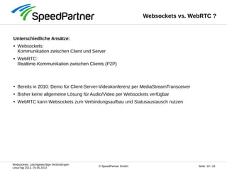 Websockets: Leichtgewichtige Verbindungen
LinuxTag 2013, 25.05.2013
Seite: 10 / 16© SpeedPartner GmbH
Websockets vs. WebRTC ?
Unterschiedliche Ansätze:
● Websockets:
Kommunikation zwischen Client und Server
● WebRTC:
Realtime-Kommunikation zwischen Clients (P2P)
● Bereits in 2010: Demo für Client-Server-Videokonferenz per MediaStreamTransceiver
● Bisher keine allgemeine Lösung für Audio/Video per Websockets verfügbar
● WebRTC kann Websockets zum Verbindungsaufbau und Statusaustausch nutzen
 
