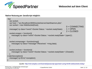 Websockets: Leichtgewichtige Verbindungen
LinuxTag 2013, 25.05.2013
Seite: 11 / 16© SpeedPartner GmbH
Websocket auf dem Client
Native Nutzung per JavaScript möglich:
try{
var socket;
var host = "ws://localhost:8000/socket/server/startDaemon.php";
var socket = new WebSocket(host);
message('<p class="event">Socket Status: '+socket.readyState);
socket.onopen = function(){
message('<p class="event">Socket Status: '+socket.readyState+' (open)');
}
socket.onmessage = function(msg){
message('<p class="message">Received: '+msg.data);
}
socket.onclose = function(){
message('<p class="event">Socket Status: '+socket.readyState+' (Closed)');
}
} catch(exception){
message('<p>Error'+exception);
}
0 = CONNECTING
1 = OPEN
2 = CLOSED
Quelle: http://net.tutsplus.com/tutorials/javascript-ajax/start-using-html5-websockets-today/
 