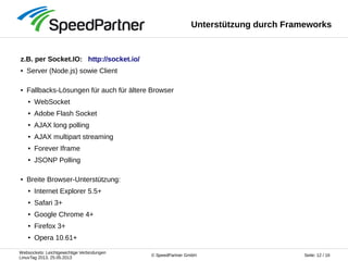 Websockets: Leichtgewichtige Verbindungen
LinuxTag 2013, 25.05.2013
Seite: 12 / 16© SpeedPartner GmbH
Unterstützung durch Frameworks
z.B. per Socket.IO: http://socket.io/
● Server (Node.js) sowie Client
● Fallbacks-Lösungen für auch für ältere Browser
● WebSocket
● Adobe Flash Socket
● AJAX long polling
● AJAX multipart streaming
● Forever Iframe
● JSONP Polling
● Breite Browser-Unterstützung:
● Internet Explorer 5.5+
● Safari 3+
● Google Chrome 4+
● Firefox 3+
● Opera 10.61+
 