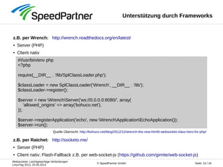 Websockets: Leichtgewichtige Verbindungen
LinuxTag 2013, 25.05.2013
Seite: 13 / 16© SpeedPartner GmbH
Unterstützung durch Frameworks
z.B. per Wrench: http://wrench.readthedocs.org/en/latest/
● Server (PHP)
● Client nativ
z.B. per Ratchet: http://socketo.me/
● Server (PHP)
● Client nativ; Flash-Fallback z.B. per web-socket-js (https://github.com/gimite/web-socket-js)
#!/usr/bin/env php
<?php
require(__DIR__ . '/lib/SplClassLoader.php');
$classLoader = new SplClassLoader('Wrench', __DIR__ . '/lib');
$classLoader->register();
$server = new WrenchServer('ws://0.0.0.0:8080/', array(
'allowed_origins' => array('bohuco.net'),
));
$server->registerApplication('echo', new WrenchApplicationEchoApplication());
$server->run();
Quelle Übersicht: http://bohuco.net/blog/2012/12/wrench-the-new-html5-websocket-class-hero-for-php/
 