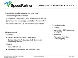 Websockets: Leichtgewichtige Verbindungen
LinuxTag 2013, 25.05.2013
Seite: 4 / 16© SpeedPartner GmbH
„Klassische“ Kommunikation im WWW
Einschränkungen bei klassischem http/https:
● Reines Anfrage-Antwort-Modell
● Kommunikation muss durch den Client ausgelöst werden
● Server kann nur eine einzige, unmittelbare Antwort liefern
● Verzögerungen durch z.B. Verbindungsaufbau / -abbau
Wünschenswert:
● Flexibilität
● Kommunikation durch Client oder Server
● Gesteuert durch Anforderungen (z.B. Ereignisse)
statt Anfrage-Antwort
● Effizienz
● Geringer Overhead
● Vermeidung/Reduzierung von Verzögerungen
Lösungsansätze:
● Polling
● Mehrteilige HTTP-Antworten
(„multipart“)
● Keepalive
● Alternative Techniken/
Protokolle (???)
 