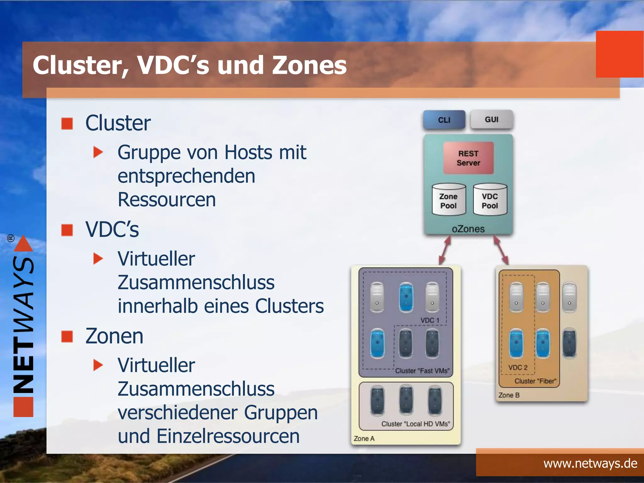 www.netways.de
Cluster, VDC’s und Zones
Cluster
Gruppe von Hosts mit
entsprechenden
Ressourcen
VDC’s
Virtueller
Zusammenschluss
innerhalb eines Clusters
Zonen
Virtueller
Zusammenschluss
verschiedener Gruppen
und Einzelressourcen
 