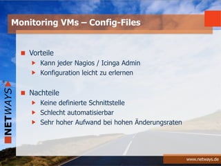 www.netways.de
Vorteile
Kann jeder Nagios / Icinga Admin
Konfiguration leicht zu erlernen
Nachteile
Keine definierte Schnittstelle
Schlecht automatisierbar
Sehr hoher Aufwand bei hohen Änderungsraten
Monitoring VMs – Config-Files
 