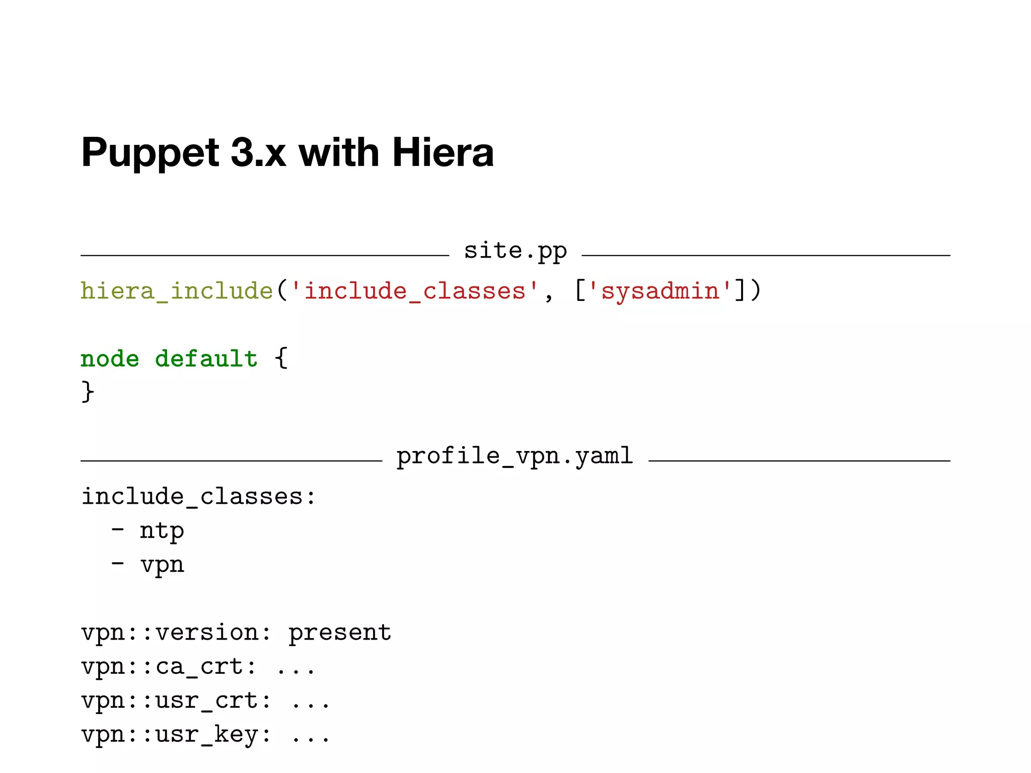 Puppet 3.x with Hiera
site.pp
hiera_include('include_classes', ['sysadmin'])
node default {
}
profile_vpn.yaml
include_classes:
- ntp
- vpn
vpn::version: present
vpn::ca_crt: ...
vpn::usr_crt: ...
vpn::usr_key: ...
 