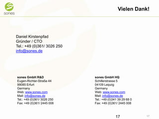 Vielen Dank!17Daniel KirstenpfadGründer / CTOTel.: +49 (0)361/ 3026 250info@sones.desones GmbH HQSchillerstrasse 504109 LeipzigGermanyWeb: www.sones.comMail: info@sones.deTel.: +49 (0)341 39 29 68 0Fax: +49 (0)361/ 2445 008sones GmbH R&DEugen-Richter-Straße 4499085 ErfurtGermanyWeb: www.sones.comMail: info@sones.deTel.: +49 (0)361/ 3026 250Fax: +49 (0)361/ 2445 00817