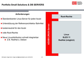 22DB Systel | Holger Koch | holger.koch@deutschebahn.com | 22.05.2013
Portfolio Small Solutions & DB SERVERS
Linux
SLES 11...