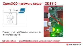 OpenOCD hardware setup – XDS110
K3 Generation — Das U-Boot unknown version documentation
Connect a micro-USB cable to the board to
the mentioned port.
 