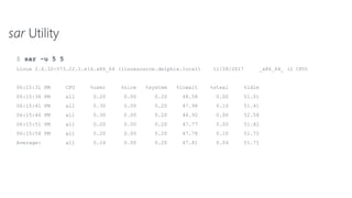 sar Utility
$ sar -u 5 5
Linux 2.6.32-573.22.1.el6.x86_64 (linuxsource.delphix.local) 11/28/2017 _x86_64_ (2 CPU)
06:15:31 PM CPU %user %nice %system %iowait %steal %idle
06:15:36 PM all 0.20 0.00 0.20 48.58 0.00 51.01
06:15:41 PM all 0.30 0.00 0.20 47.98 0.10 51.41
06:15:46 PM all 0.30 0.00 0.20 46.92 0.00 52.58
06:15:51 PM all 0.20 0.00 0.20 47.77 0.00 51.82
06:15:56 PM all 0.20 0.00 0.20 47.78 0.10 51.72
Average: all 0.24 0.00 0.20 47.81 0.04 51.71
 