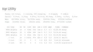 top Utility
Tasks: 165 total, 1 running, 164 sleeping, 0 stopped, 0 zombie
Cpu(s): 0.3%us, 0.2%sy, 0.0%ni, 53.5%id, 46.0%wa, 0.0%hi, 0.0%si, 0.0%st
Mem: 8057984k total, 7827928k used, 230056k free, 255324k buffers
Swap: 311292k total, 28612k used, 282680k free, 6771660k cached
PID USER PR NI VIRT RES SHR S %CPU %MEM TIME+ COMMAND
9888 delphix 20 0 636m 43m 16m S 0.7 0.5 51:40.68 mssql
9892 delphix 20 0 636m 43m 16m D 0.7 0.5 51:18.86 mssql
9886 delphix 20 0 652m 43m 16m S 0.3 0.6 51:19.84 mssql
1 root 20 0 19232 976 820 S 0.0 0.0 0:26.11 delcli
2 root 20 0 0 0 0 S 0.0 0.0 0:00.00 kthreadd
3 root RT 0 0 0 0 S 0.0 0.0 0:09.92 migration/0
 