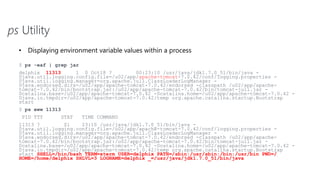 ps Utility
• Displaying environment variable values within a process
$ ps -eaf | grep jar
delphix 11313 1 0 Oct18 ? 00:23:10 /usr/java/jdk1.7.0_51/bin/java -
Djava.util.logging.config.file=/u02/app/apache-tomcat-7.0.42/conf/logging.properties -
Djava.util.logging.manager=org.apache.juli.ClassLoaderLogManager -
Djava.endorsed.dirs=/u02/app/apache-tomcat-7.0.42/endorsed -classpath /u02/app/apache-
tomcat-7.0.42/bin/bootstrap.jar:/u02/app/apache-tomcat-7.0.42/bin/tomcat-juli.jar -
Dcatalina.base=/u02/app/apache-tomcat-7.0.42 -Dcatalina.home=/u02/app/apache-tomcat-7.0.42 -
Djava.io.tmpdir=/u02/app/apache-tomcat-7.0.42/temp org.apache.catalina.startup.Bootstrap
start
$ ps eww 11313
PID TTY STAT TIME COMMAND
11313 ? Sl 23:10 /usr/java/jdk1.7.0_51/bin/java -
Djava.util.logging.config.file=/u02/app/apache-tomcat-7.0.42/conf/logging.properties -
Djava.util.logging.manager=org.apache.juli.ClassLoaderLogManager -
Djava.endorsed.dirs=/u02/app/apache-tomcat-7.0.42/endorsed -classpath /u02/app/apache-
tomcat-7.0.42/bin/bootstrap.jar:/u02/app/apache-tomcat-7.0.42/bin/tomcat-juli.jar -
Dcatalina.base=/u02/app/apache-tomcat-7.0.42 -Dcatalina.home=/u02/app/apache-tomcat-7.0.42 -
Djava.io.tmpdir=/u02/app/apache-tomcat-7.0.42/temp org.apache.catalina.startup.Bootstrap
start SHELL=/bin/bash TERM=xterm USER=delphix PATH=/sbin:/usr/sbin:/bin:/usr/bin PWD=/
HOME=/home/delphix SHLVL=3 LOGNAME=delphix _=/usr/java/jdk1.7.0_51/bin/java
 