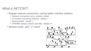What is NETSTAT?
• Displays network connections, routing tables, interface statistics
• Network connections (a.k.a. sockets): netstat
• Cumulative networking statistics: netstat -s
• Routing tables: netstat -r
• STREAMS statistics (Solaris and AIX): netstat -m
• Verbose mode: add “-v” switch
 