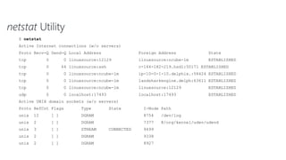 netstat Utility
$ netstat
Active Internet connections (w/o servers)
Proto Recv-Q Send-Q Local Address Foreign Address State
tcp 0 0 linuxsource:12129 linuxsource:ncube-lm ESTABLISHED
tcp 0 64 linuxsource:ssh c-164-182-219.hsd1:50171 ESTABLISHED
tcp 0 0 linuxsource:ncube-lm ip-10-0-1-10.delphix.:58424 ESTABLISHED
tcp 0 0 linuxsource:ncube-lm landsharkengine.delph:63611 ESTABLISHED
tcp 0 0 linuxsource:ncube-lm linuxsource:12129 ESTABLISHED
udp 0 0 localhost:17493 localhost:17493 ESTABLISHED
Active UNIX domain sockets (w/o servers)
Proto RefCnt Flags Type State I-Node Path
unix 12 [ ] DGRAM 8754 /dev/log
unix 2 [ ] DGRAM 7377 @/org/kernel/udev/udevd
unix 3 [ ] STREAM CONNECTED 9499
unix 2 [ ] DGRAM 9338
unix 2 [ ] DGRAM 8927
 