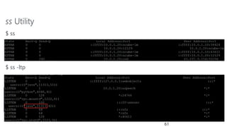ss Utility
$ ss
$ ss -ltp
61
 