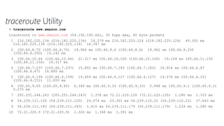traceroute Utility
$ traceroute www.amazon.com
traceroute to www.amazon.com (54.192.195.66), 30 hops max, 60 byte packets
1 216.182.225.134 (216.182.225.134) 16.379 ms 216.182.225.124 (216.182.225.124) 49.305 ms
216.182.225.134 (216.182.225.134) 16.347 ms
2 100.66.8.70 (100.66.8.70) 19.966 ms 100.66.8.6 (100.66.8.6) 19.962 ms 100.66.8.250
(100.66.8.250) 14.142 ms
3 100.66.10.46 (100.66.10.46) 21.317 ms 100.66.10.100 (100.66.10.100) 19.104 ms 100.66.11.150
(100.66.11.150) 14.317 ms
4 100.66.7.237 (100.66.7.237) 15.802 ms 100.66.7.183 (100.66.7.183) 16.916 ms 100.66.6.67
(100.66.6.67) 16.800 ms
5 100.66.4.199 (100.66.4.199) 19.609 ms 100.66.4.127 (100.66.4.127) 14.576 ms 100.66.4.151
(100.66.4.151) 11.455 ms
6 100.65.9.65 (100.65.9.65) 0.349 ms 100.65.9.33 (100.65.9.33) 5.948 ms 100.65.9.1 (100.65.9.1)
0.275 ms
7 205.251.244.243 (205.251.244.243) 1.378 ms 72.21.220.120 (72.21.220.120) 1.280 ms 1.333 ms
8 54.239.111.120 (54.239.111.120) 24.074 ms 23.301 ms 54.239.110.22 (54.239.110.22) 37.663 ms
9 54.239.111.183 (54.239.111.183) 1.415 ms 54.239.111.179 (54.239.111.179) 1.234 ms 1.280 ms
10 72.21.220.9 (72.21.220.9) 1.326 ms 1.348 ms 1.391 ms
 