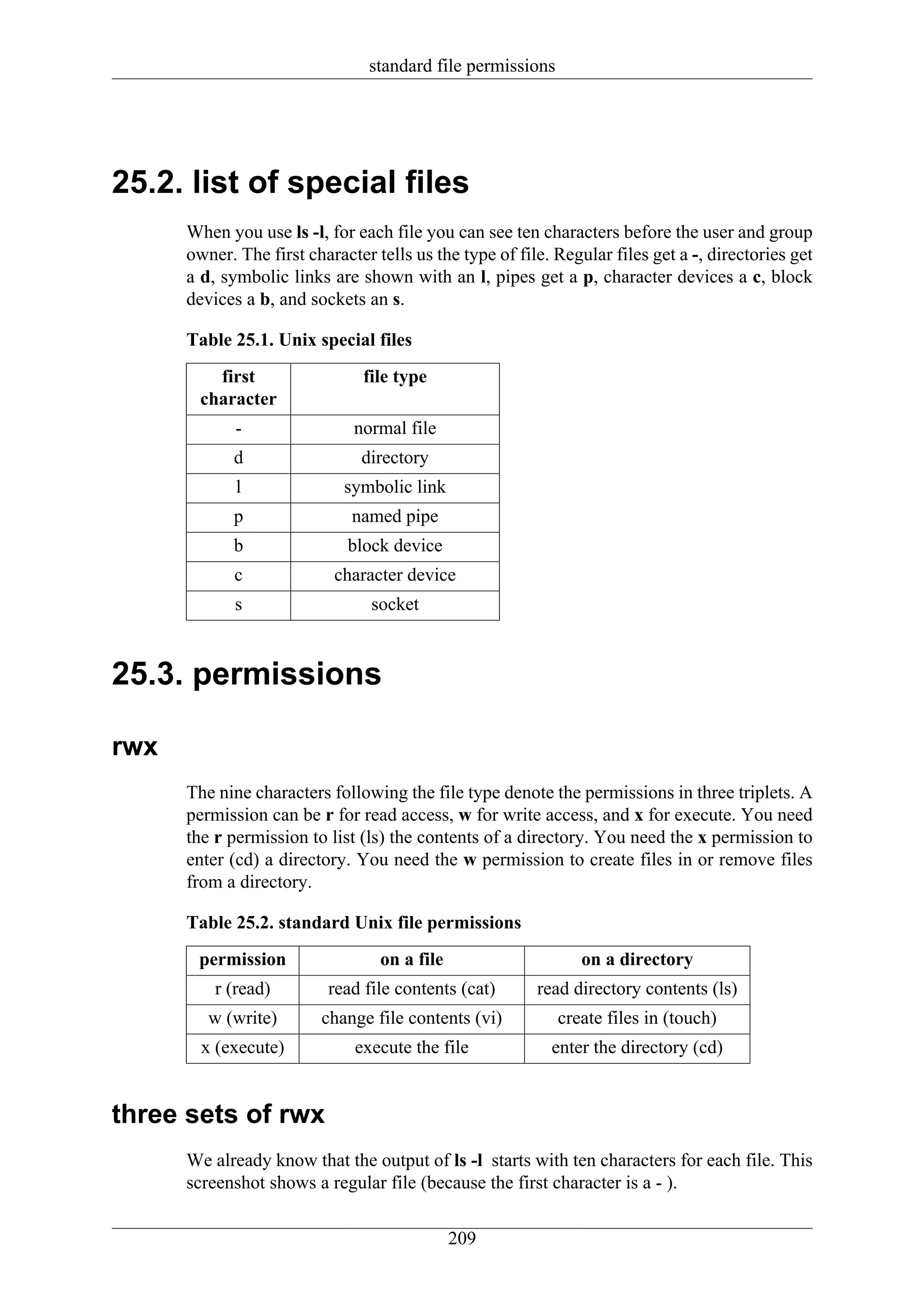 standard file permissions




25.2. list of special files
      When you use ls -l, for each file you can see ten characters before the user and group
      owner. The first character tells us the type of file. Regular files get a -, directories get
      a d, symbolic links are shown with an l, pipes get a p, character devices a c, block
      devices a b, and sockets an s.

      Table 25.1. Unix special files
          first                file type
        character
             -                normal file
            d                  directory
             l               symbolic link
            p                 named pipe
            b                block device
             c             character device
             s                   socket



25.3. permissions

rwx
      The nine characters following the file type denote the permissions in three triplets. A
      permission can be r for read access, w for write access, and x for execute. You need
      the r permission to list (ls) the contents of a directory. You need the x permission to
      enter (cd) a directory. You need the w permission to create files in or remove files
      from a directory.

      Table 25.2. standard Unix file permissions
       permission                 on a file                     on a directory
          r (read)        read file contents (cat)       read directory contents (ls)
         w (write)       change file contents (vi)          create files in (touch)
        x (execute)           execute the file             enter the directory (cd)


three sets of rwx
      We already know that the output of ls -l starts with ten characters for each file. This
      screenshot shows a regular file (because the first character is a - ).

                                              209
 