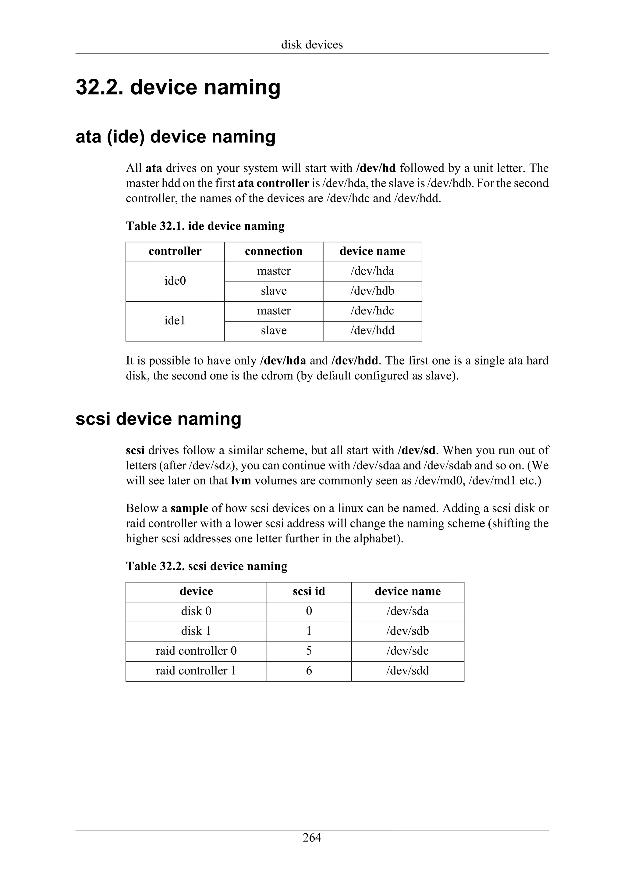 disk devices


32.2. device naming

ata (ide) device naming
     All ata drives on your system will start with /dev/hd followed by a unit letter. The
     master hdd on the first ata controller is /dev/hda, the slave is /dev/hdb. For the second
     controller, the names of the devices are /dev/hdc and /dev/hdd.

     Table 32.1. ide device naming
         controller            connection           device name
                                 master              /dev/hda
             ide0
                                 slave               /dev/hdb
                                 master              /dev/hdc
             ide1
                                 slave               /dev/hdd

     It is possible to have only /dev/hda and /dev/hdd. The first one is a single ata hard
     disk, the second one is the cdrom (by default configured as slave).


scsi device naming
     scsi drives follow a similar scheme, but all start with /dev/sd. When you run out of
     letters (after /dev/sdz), you can continue with /dev/sdaa and /dev/sdab and so on. (We
     will see later on that lvm volumes are commonly seen as /dev/md0, /dev/md1 etc.)

     Below a sample of how scsi devices on a linux can be named. Adding a scsi disk or
     raid controller with a lower scsi address will change the naming scheme (shifting the
     higher scsi addresses one letter further in the alphabet).

     Table 32.2. scsi device naming
                device                    scsi id        device name
                disk 0                      0              /dev/sda
                disk 1                      1              /dev/sdb
           raid controller 0                5              /dev/sdc
           raid controller 1                6              /dev/sdd




                                            264
 