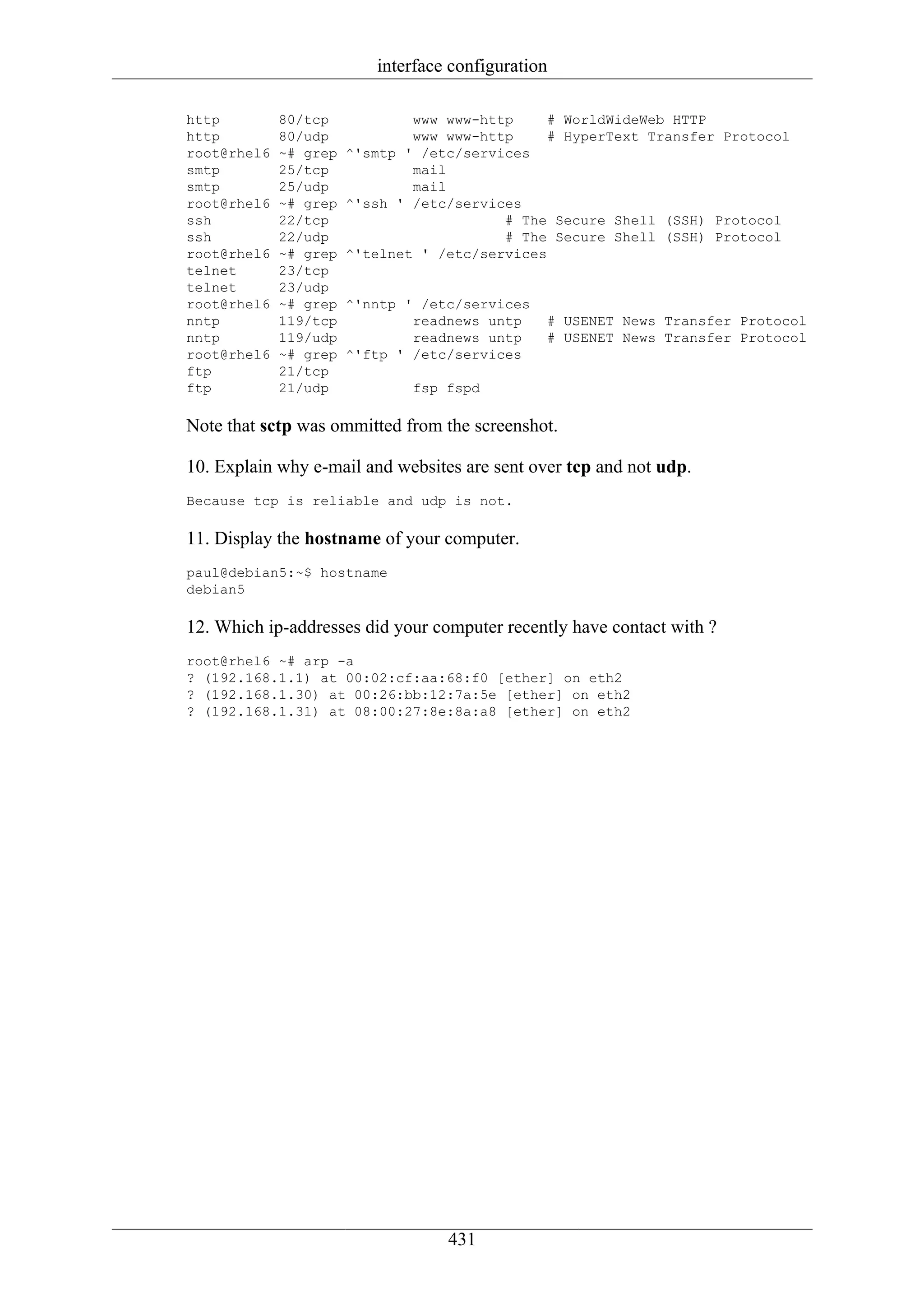 interface configuration

http         80/tcp            www www-http     # WorldWideWeb HTTP
http         80/udp            www www-http     # HyperText Transfer Protocol
root@rhel6   ~# grep   ^'smtp ' /etc/services
smtp         25/tcp            mail
smtp         25/udp            mail
root@rhel6   ~# grep   ^'ssh ' /etc/services
ssh          22/tcp                       # The Secure Shell (SSH) Protocol
ssh          22/udp                       # The Secure Shell (SSH) Protocol
root@rhel6   ~# grep   ^'telnet ' /etc/services
telnet       23/tcp
telnet       23/udp
root@rhel6   ~# grep   ^'nntp ' /etc/services
nntp         119/tcp           readnews untp    # USENET News Transfer Protocol
nntp         119/udp           readnews untp    # USENET News Transfer Protocol
root@rhel6   ~# grep   ^'ftp ' /etc/services
ftp          21/tcp
ftp          21/udp            fsp fspd

Note that sctp was ommitted from the screenshot.

10. Explain why e-mail and websites are sent over tcp and not udp.
Because tcp is reliable and udp is not.

11. Display the hostname of your computer.
paul@debian5:~$ hostname
debian5

12. Which ip-addresses did your computer recently have contact with ?
root@rhel6 ~# arp -a
? (192.168.1.1) at 00:02:cf:aa:68:f0 [ether] on eth2
? (192.168.1.30) at 00:26:bb:12:7a:5e [ether] on eth2
? (192.168.1.31) at 08:00:27:8e:8a:a8 [ether] on eth2




                                   431
 