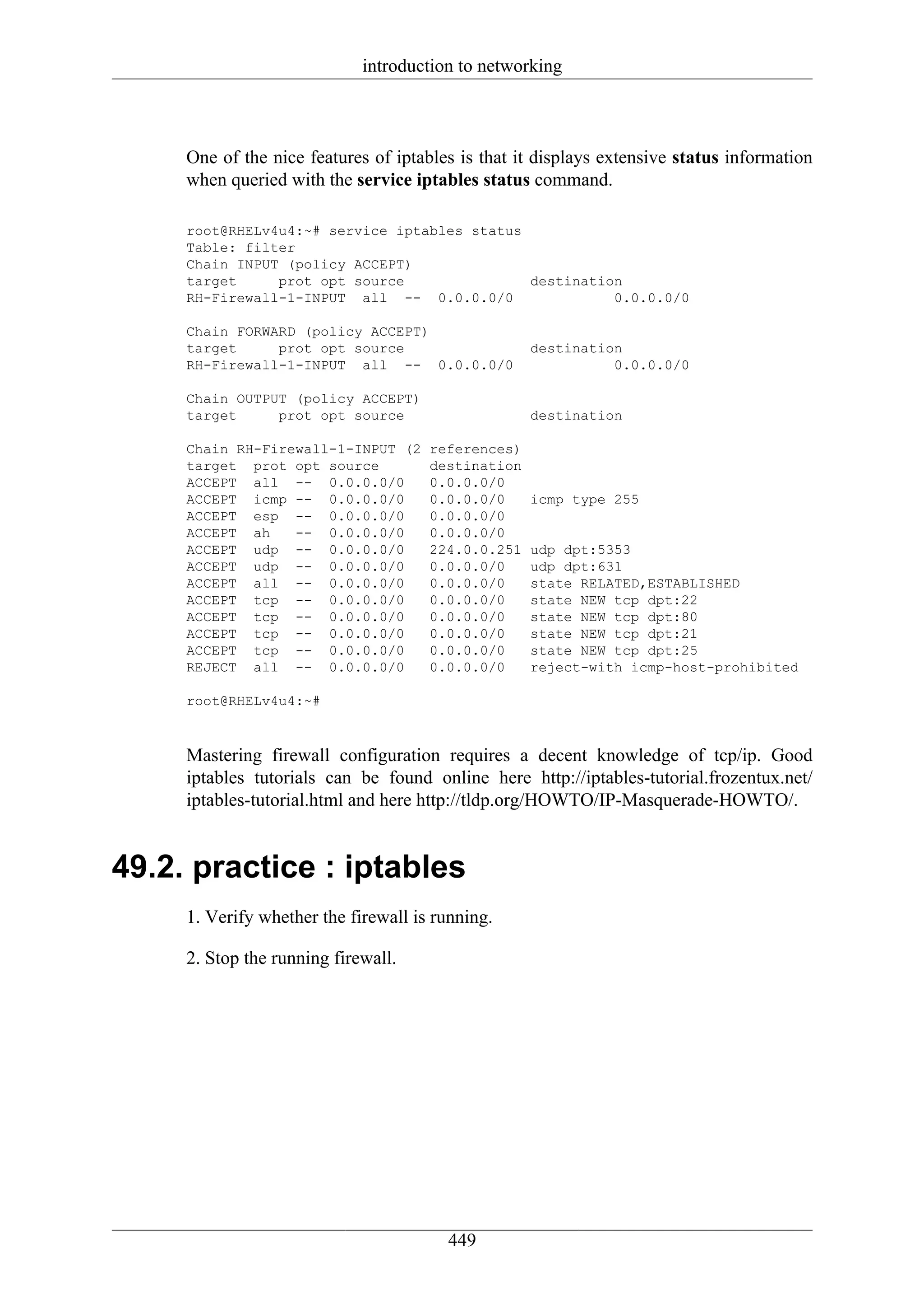 introduction to networking



     One of the nice features of iptables is that it displays extensive status information
     when queried with the service iptables status command.

     root@RHELv4u4:~# service iptables status
     Table: filter
     Chain INPUT (policy ACCEPT)
     target     prot opt source               destination
     RH-Firewall-1-INPUT all -- 0.0.0.0/0               0.0.0.0/0

     Chain FORWARD (policy ACCEPT)
     target     prot opt source                     destination
     RH-Firewall-1-INPUT all -- 0.0.0.0/0                     0.0.0.0/0

     Chain OUTPUT (policy ACCEPT)
     target     prot opt source                     destination

     Chain RH-Firewall-1-INPUT (2     references)
     target prot opt source           destination
     ACCEPT all -- 0.0.0.0/0          0.0.0.0/0
     ACCEPT icmp -- 0.0.0.0/0         0.0.0.0/0     icmp type 255
     ACCEPT esp -- 0.0.0.0/0          0.0.0.0/0
     ACCEPT ah    -- 0.0.0.0/0        0.0.0.0/0
     ACCEPT udp -- 0.0.0.0/0          224.0.0.251   udp dpt:5353
     ACCEPT udp -- 0.0.0.0/0          0.0.0.0/0     udp dpt:631
     ACCEPT all -- 0.0.0.0/0          0.0.0.0/0     state RELATED,ESTABLISHED
     ACCEPT tcp -- 0.0.0.0/0          0.0.0.0/0     state NEW tcp dpt:22
     ACCEPT tcp -- 0.0.0.0/0          0.0.0.0/0     state NEW tcp dpt:80
     ACCEPT tcp -- 0.0.0.0/0          0.0.0.0/0     state NEW tcp dpt:21
     ACCEPT tcp -- 0.0.0.0/0          0.0.0.0/0     state NEW tcp dpt:25
     REJECT all -- 0.0.0.0/0          0.0.0.0/0     reject-with icmp-host-prohibited

     root@RHELv4u4:~#



     Mastering firewall configuration requires a decent knowledge of tcp/ip. Good
     iptables tutorials can be found online here http://iptables-tutorial.frozentux.net/
     iptables-tutorial.html and here http://tldp.org/HOWTO/IP-Masquerade-HOWTO/.


49.2. practice : iptables
     1. Verify whether the firewall is running.

     2. Stop the running firewall.




                                        449
 