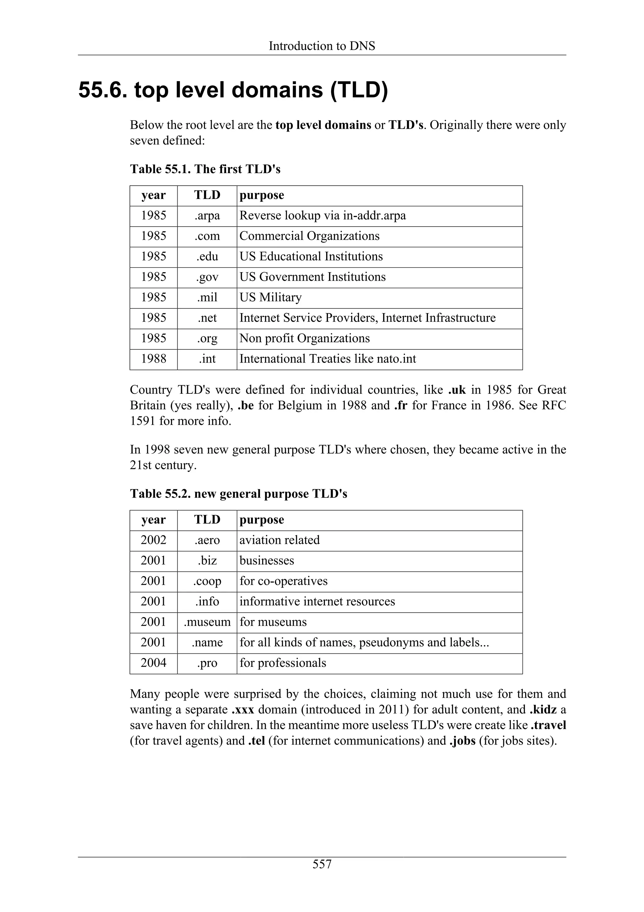 Introduction to DNS


55.6. top level domains (TLD)
    Below the root level are the top level domains or TLD's. Originally there were only
    seven defined:

    Table 55.1. The first TLD's
      year      TLD      purpose
      1985      .arpa    Reverse lookup via in-addr.arpa
      1985      .com     Commercial Organizations
      1985       .edu    US Educational Institutions
      1985       .gov    US Government Institutions
      1985       .mil    US Military
      1985       .net    Internet Service Providers, Internet Infrastructure
      1985       .org    Non profit Organizations
      1988       .int    International Treaties like nato.int

    Country TLD's were defined for individual countries, like .uk in 1985 for Great
    Britain (yes really), .be for Belgium in 1988 and .fr for France in 1986. See RFC
    1591 for more info.

    In 1998 seven new general purpose TLD's where chosen, they became active in the
    21st century.

    Table 55.2. new general purpose TLD's
      year      TLD      purpose
      2002      .aero    aviation related
      2001       .biz    businesses
      2001      .coop    for co-operatives
      2001      .info    informative internet resources
      2001    .museum for museums
      2001      .name    for all kinds of names, pseudonyms and labels...
      2004       .pro    for professionals

    Many people were surprised by the choices, claiming not much use for them and
    wanting a separate .xxx domain (introduced in 2011) for adult content, and .kidz a
    save haven for children. In the meantime more useless TLD's were create like .travel
    (for travel agents) and .tel (for internet communications) and .jobs (for jobs sites).




                                       557
 