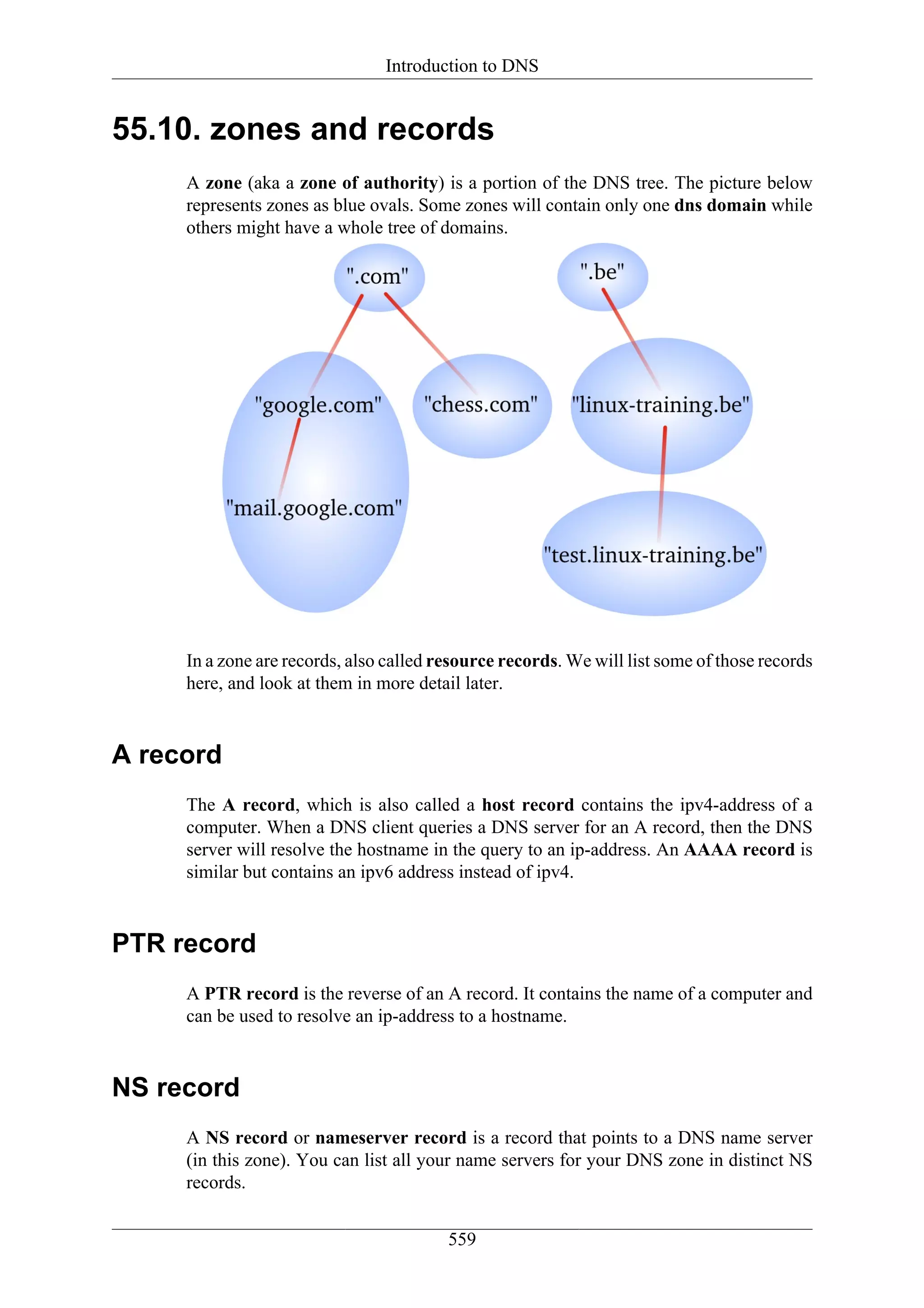 Introduction to DNS


55.10. zones and records
     A zone (aka a zone of authority) is a portion of the DNS tree. The picture below
     represents zones as blue ovals. Some zones will contain only one dns domain while
     others might have a whole tree of domains.




     In a zone are records, also called resource records. We will list some of those records
     here, and look at them in more detail later.


A record
     The A record, which is also called a host record contains the ipv4-address of a
     computer. When a DNS client queries a DNS server for an A record, then the DNS
     server will resolve the hostname in the query to an ip-address. An AAAA record is
     similar but contains an ipv6 address instead of ipv4.


PTR record
     A PTR record is the reverse of an A record. It contains the name of a computer and
     can be used to resolve an ip-address to a hostname.


NS record
     A NS record or nameserver record is a record that points to a DNS name server
     (in this zone). You can list all your name servers for your DNS zone in distinct NS
     records.


                                         559
 