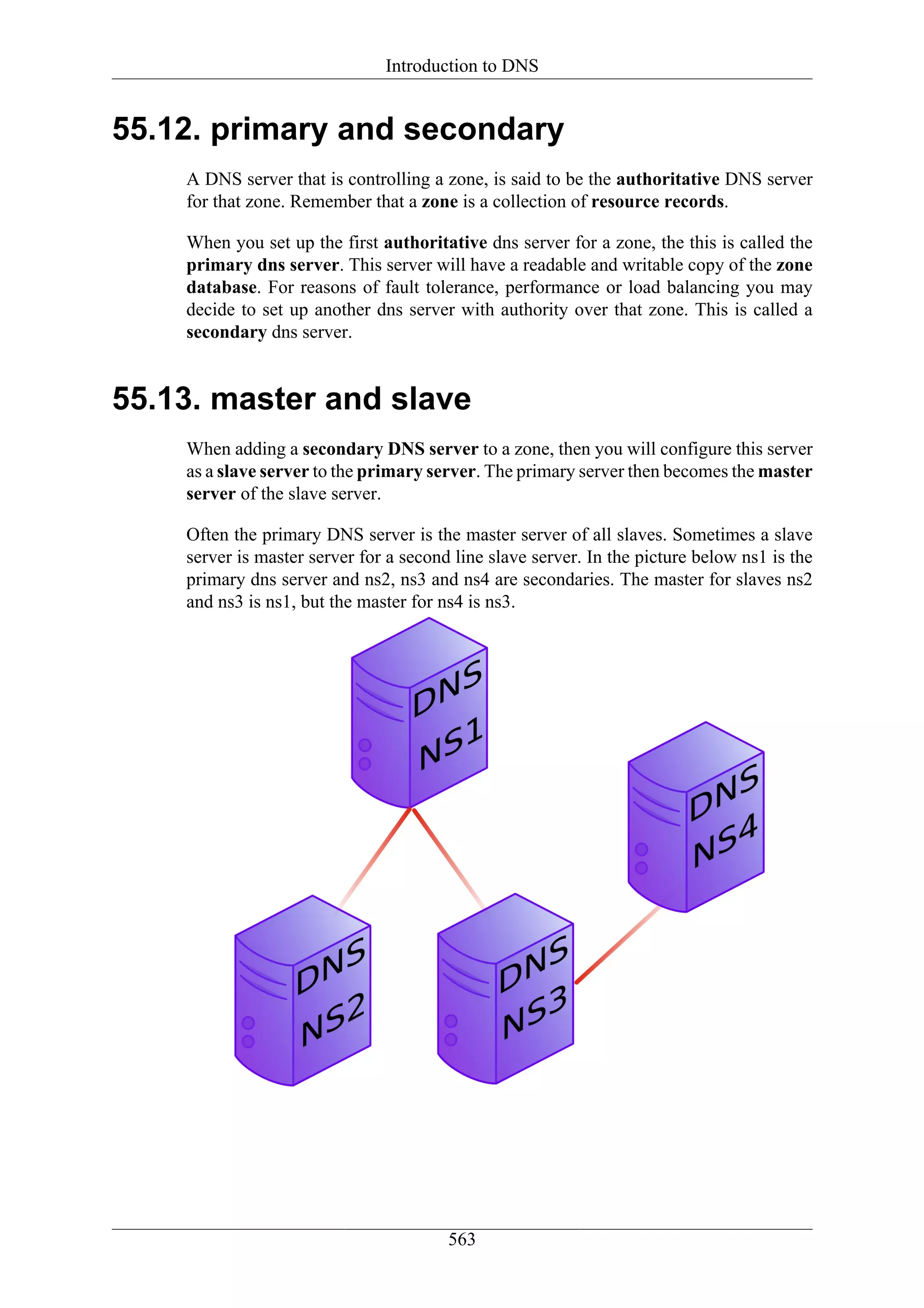 Introduction to DNS


55.12. primary and secondary
    A DNS server that is controlling a zone, is said to be the authoritative DNS server
    for that zone. Remember that a zone is a collection of resource records.

    When you set up the first authoritative dns server for a zone, the this is called the
    primary dns server. This server will have a readable and writable copy of the zone
    database. For reasons of fault tolerance, performance or load balancing you may
    decide to set up another dns server with authority over that zone. This is called a
    secondary dns server.


55.13. master and slave
    When adding a secondary DNS server to a zone, then you will configure this server
    as a slave server to the primary server. The primary server then becomes the master
    server of the slave server.

    Often the primary DNS server is the master server of all slaves. Sometimes a slave
    server is master server for a second line slave server. In the picture below ns1 is the
    primary dns server and ns2, ns3 and ns4 are secondaries. The master for slaves ns2
    and ns3 is ns1, but the master for ns4 is ns3.




                                        563
 
