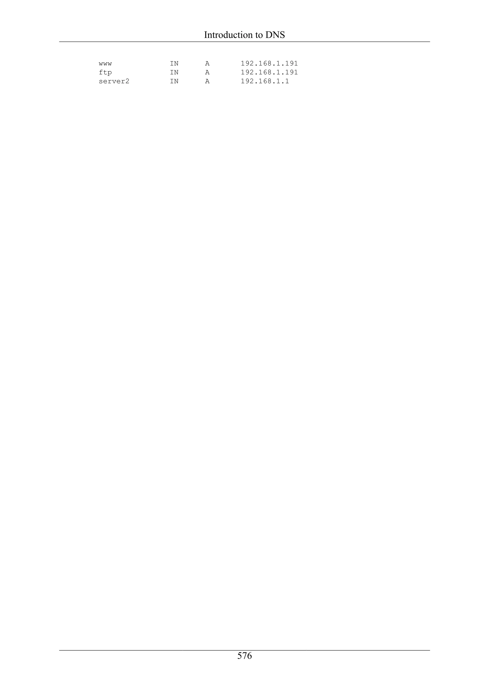 Introduction to DNS

www       IN   A       192.168.1.191
ftp       IN   A       192.168.1.191
server2   IN   A       192.168.1.1




                      576
 
