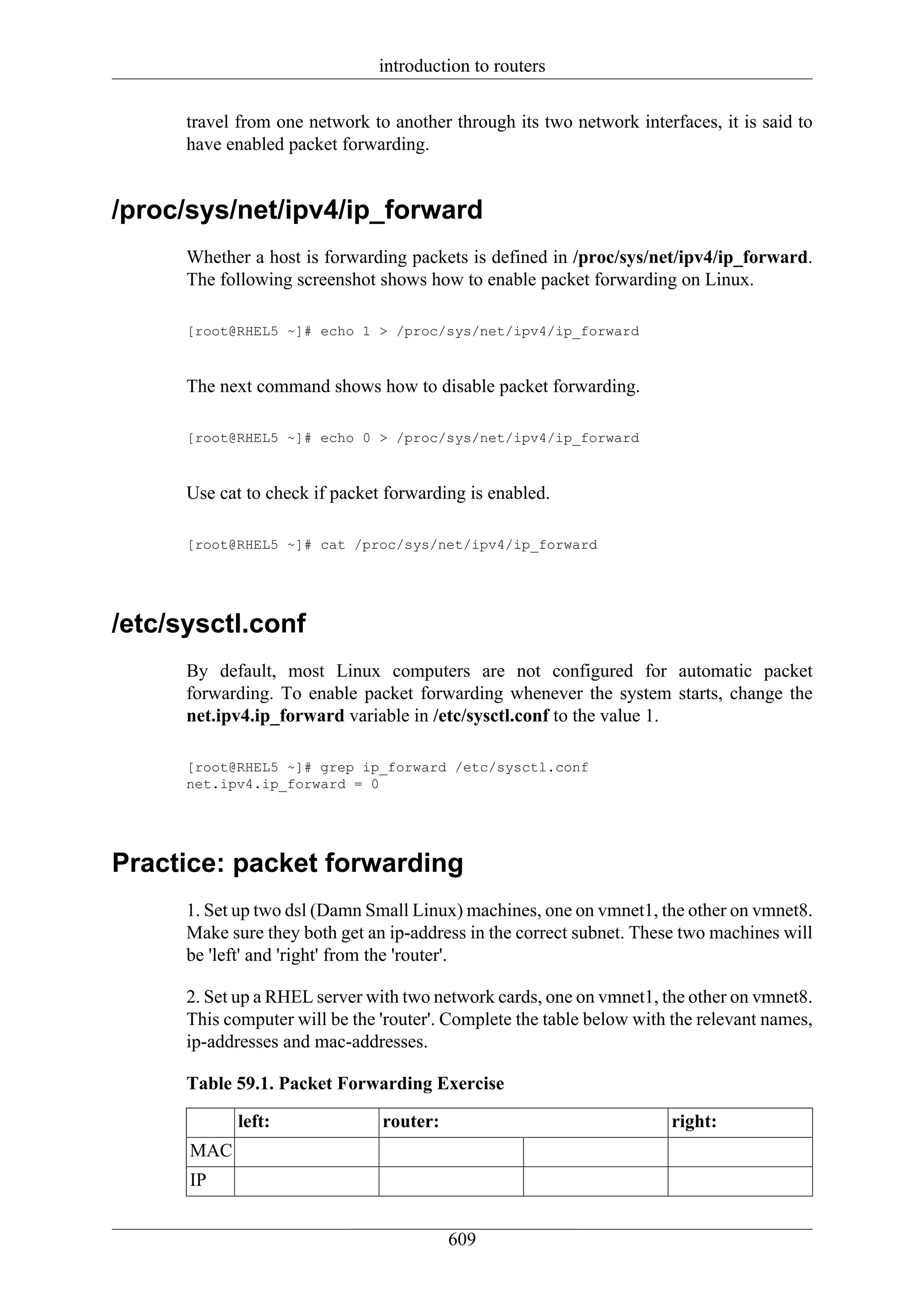 introduction to routers

      travel from one network to another through its two network interfaces, it is said to
      have enabled packet forwarding.


/proc/sys/net/ipv4/ip_forward
      Whether a host is forwarding packets is defined in /proc/sys/net/ipv4/ip_forward.
      The following screenshot shows how to enable packet forwarding on Linux.

      [root@RHEL5 ~]# echo 1 > /proc/sys/net/ipv4/ip_forward



      The next command shows how to disable packet forwarding.

      [root@RHEL5 ~]# echo 0 > /proc/sys/net/ipv4/ip_forward



      Use cat to check if packet forwarding is enabled.

      [root@RHEL5 ~]# cat /proc/sys/net/ipv4/ip_forward




/etc/sysctl.conf
      By default, most Linux computers are not configured for automatic packet
      forwarding. To enable packet forwarding whenever the system starts, change the
      net.ipv4.ip_forward variable in /etc/sysctl.conf to the value 1.

      [root@RHEL5 ~]# grep ip_forward /etc/sysctl.conf
      net.ipv4.ip_forward = 0




Practice: packet forwarding
      1. Set up two dsl (Damn Small Linux) machines, one on vmnet1, the other on vmnet8.
      Make sure they both get an ip-address in the correct subnet. These two machines will
      be 'left' and 'right' from the 'router'.

      2. Set up a RHEL server with two network cards, one on vmnet1, the other on vmnet8.
      This computer will be the 'router'. Complete the table below with the relevant names,
      ip-addresses and mac-addresses.

      Table 59.1. Packet Forwarding Exercise

             left:              router:                                right:
      MAC
      IP


                                          609
 