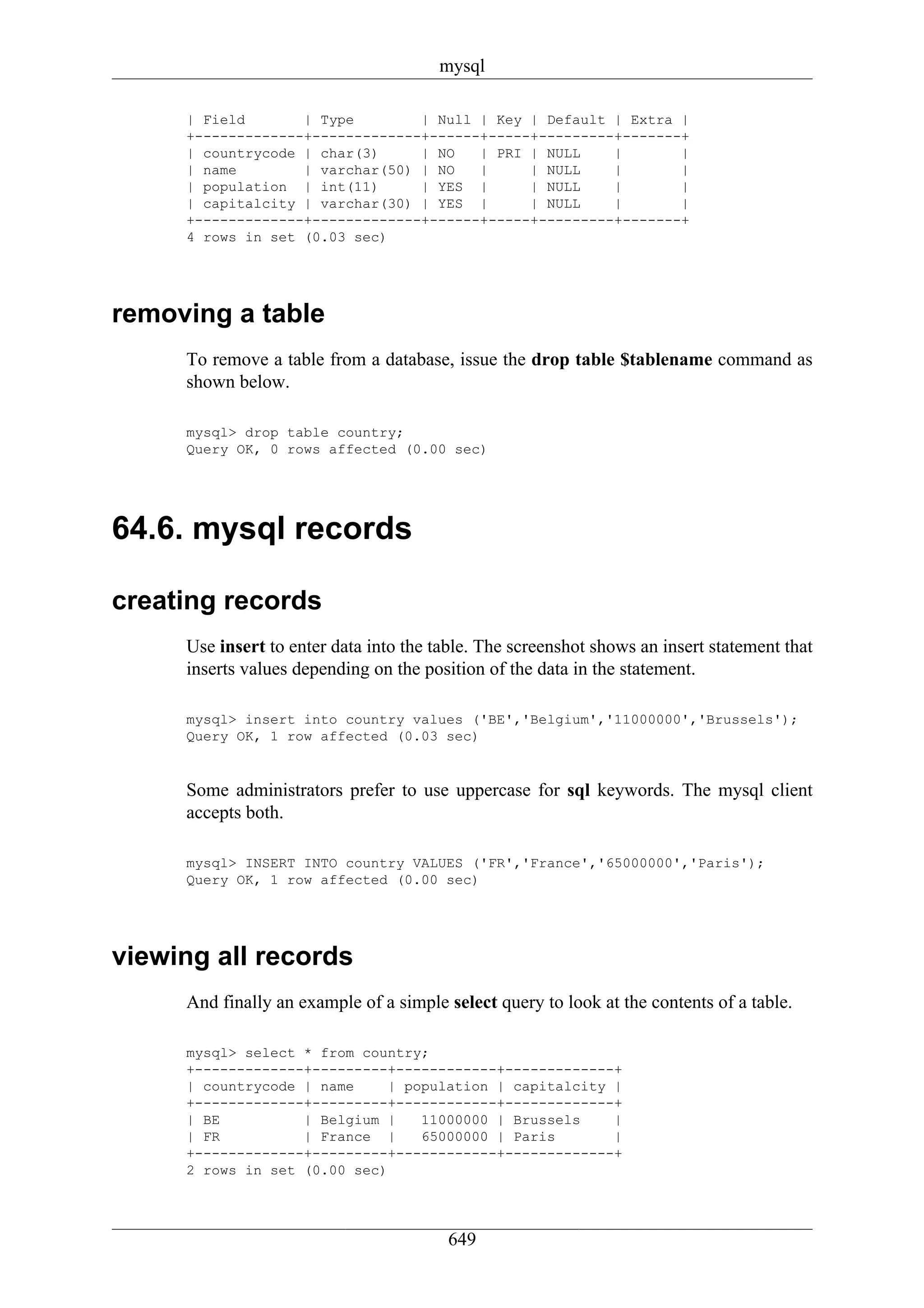 mysql

     | Field       | Type        | Null | Key | Default | Extra |
     +-------------+-------------+------+-----+---------+-------+
     | countrycode | char(3)     | NO   | PRI | NULL    |       |
     | name        | varchar(50) | NO   |     | NULL    |       |
     | population | int(11)      | YES |      | NULL    |       |
     | capitalcity | varchar(30) | YES |      | NULL    |       |
     +-------------+-------------+------+-----+---------+-------+
     4 rows in set (0.03 sec)




removing a table
     To remove a table from a database, issue the drop table $tablename command as
     shown below.

     mysql> drop table country;
     Query OK, 0 rows affected (0.00 sec)




64.6. mysql records

creating records
     Use insert to enter data into the table. The screenshot shows an insert statement that
     inserts values depending on the position of the data in the statement.

     mysql> insert into country values ('BE','Belgium','11000000','Brussels');
     Query OK, 1 row affected (0.03 sec)


     Some administrators prefer to use uppercase for sql keywords. The mysql client
     accepts both.

     mysql> INSERT INTO country VALUES ('FR','France','65000000','Paris');
     Query OK, 1 row affected (0.00 sec)




viewing all records
     And finally an example of a simple select query to look at the contents of a table.

     mysql> select * from country;
     +-------------+---------+------------+-------------+
     | countrycode | name     | population | capitalcity |
     +-------------+---------+------------+-------------+
     | BE          | Belgium |    11000000 | Brussels    |
     | FR          | France |     65000000 | Paris       |
     +-------------+---------+------------+-------------+
     2 rows in set (0.00 sec)




                                        649
 