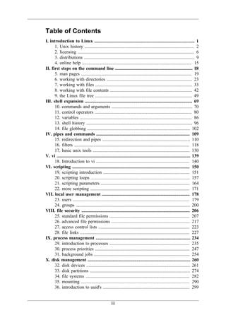 Table of Contents
I. introduction to Linux ........................................................................................ 1
      1. Unix history ................................................................................................ 2
      2. licensing ...................................................................................................... 6
      3. distributions ................................................................................................. 9
      4. online help ................................................................................................ 15
II. first steps on the command line .................................................................... 18
      5. man pages ................................................................................................. 19
      6. working with directories ........................................................................... 23
      7. working with files ..................................................................................... 33
      8. working with file contents ........................................................................ 42
      9. the Linux file tree ..................................................................................... 49
III. shell expansion .............................................................................................. 69
      10. commands and arguments ....................................................................... 70
      11. control operators ..................................................................................... 80
      12. variables .................................................................................................. 86
      13. shell history ............................................................................................. 96
      14. file globbing .......................................................................................... 102
IV. pipes and commands .................................................................................. 109
      15. redirection and pipes ............................................................................. 110
      16. filters ..................................................................................................... 118
      17. basic unix tools ..................................................................................... 130
V. vi ..................................................................................................................... 139
      18. Introduction to vi .................................................................................. 140
VI. scripting ....................................................................................................... 150
      19. scripting introduction ............................................................................ 151
      20. scripting loops ....................................................................................... 157
      21. scripting parameters .............................................................................. 164
      22. more scripting ....................................................................................... 171
VII. local user management ............................................................................. 178
      23. users ...................................................................................................... 179
      24. groups .................................................................................................... 200
VIII. file security ............................................................................................... 206
      25. standard file permissions ...................................................................... 207
      26. advanced file permissions ..................................................................... 217
      27. access control lists ................................................................................ 223
      28. file links ................................................................................................ 227
IX. process management ................................................................................... 234
      29. introduction to processes ...................................................................... 235
      30. process priorities ................................................................................... 247
      31. background jobs .................................................................................... 254
X. disk management .......................................................................................... 260
      32. disk devices ........................................................................................... 261
      33. disk partitions ........................................................................................ 274
      34. file systems ........................................................................................... 282
      35. mounting ............................................................................................... 290
      36. introduction to uuid's ............................................................................ 299


                                                      iii
 