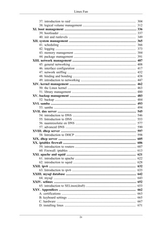 Linux Fun

     37. introduction to raid ...............................................................................           304
     38. logical volume management .................................................................                    312
XI. boot management ........................................................................................            336
     39. bootloader ..............................................................................................      337
     40. init and runlevels ..................................................................................          349
XII. system management ..................................................................................               365
     41. scheduling .............................................................................................       366
     42. logging ..................................................................................................     373
     43. memory management ............................................................................                 384
     44. package management ............................................................................                391
XIII. network management ..............................................................................                 407
     45. general networking ................................................................................            408
     46. interface configuration ..........................................................................             417
     47. network sniffing ....................................................................................          432
     48. binding and bonding .............................................................................              438
     49. introduction to networking ....................................................................                447
XIV. kernel management .................................................................................                462
     50. the Linux kernel ....................................................................................          463
     51. library management ...............................................................................             480
XV. backup management .................................................................................                 483
     52. backup ...................................................................................................     484
XVI. samba ........................................................................................................     493
     53. samba ....................................................................................................     494
XVII. dns server ................................................................................................       545
     54. introduction to DNS ..............................................................................             546
     55. Introduction to DNS .............................................................................              553
     56. naamresolutie en DNS ..........................................................................                577
     57. advanced DNS ......................................................................................            590
XVIII. dhcp server ............................................................................................         597
     58. Introduction to DHCP ...........................................................................               598
XIX. dhcp server ...............................................................................................        605
XX. iptables firewall .........................................................................................         606
     59. introduction to routers ...........................................................................            607
     60. Firewall: iptables ...................................................................................         613
XXI. apache and squid .....................................................................................             621
     61. introduction to apache ...........................................................................             622
     62. introduction to squid .............................................................................            628
XXII. ipv6 ..........................................................................................................   632
     63. Introduction to ipv6 ..............................................................................            633
XXIII. mysql database ......................................................................................            642
     64. mysql .....................................................................................................    643
XXIV. selinux .....................................................................................................     652
     65. introduction to SELinux(draft) ..............................................................                  653
XXV. Appendices ..............................................................................................          662
     A. certifications ...........................................................................................      663
     B. keyboard settings ....................................................................................          665
     C. hardware .................................................................................................      667
     D. installing linux .......................................................................................        671


                                                     iv
 