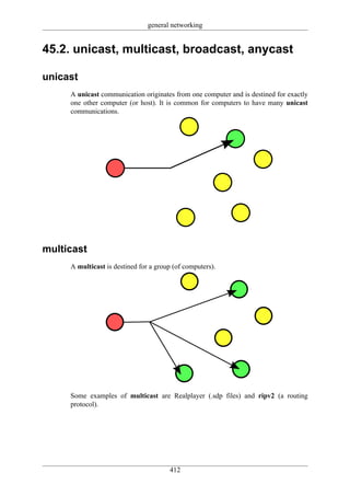 general networking


45.2. unicast, multicast, broadcast, anycast

unicast
     A unicast communication originates from one computer and is destined for exactly
     one other computer (or host). It is common for computers to have many unicast
     communications.




multicast
     A multicast is destined for a group (of computers).




     Some examples of multicast are Realplayer (.sdp files) and ripv2 (a routing
     protocol).




                                       412
 