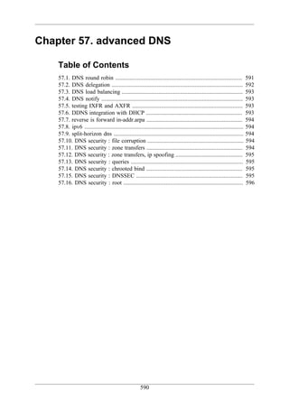 Chapter 57. advanced DNS

    Table of Contents
    57.1. DNS round robin ....................................................................................... 591
    57.2. DNS delegation .......................................................................................... 592
    57.3. DNS load balancing ................................................................................... 593
    57.4. DNS notify ................................................................................................. 593
    57.5. testing IXFR and AXFR ............................................................................ 593
    57.6. DDNS integration with DHCP .................................................................. 593
    57.7. reverse is forward in-addr.arpa .................................................................. 594
    57.8. ipv6 ............................................................................................................. 594
    57.9. split-horizon dns ......................................................................................... 594
    57.10. DNS security : file corruption .................................................................. 594
    57.11. DNS security : zone transfers .................................................................. 594
    57.12. DNS security : zone transfers, ip spoofing .............................................. 595
    57.13. DNS security : queries ............................................................................. 595
    57.14. DNS security : chrooted bind .................................................................. 595
    57.15. DNS security : DNSSEC ......................................................................... 595
    57.16. DNS security : root .................................................................................. 596




                                                       590
 