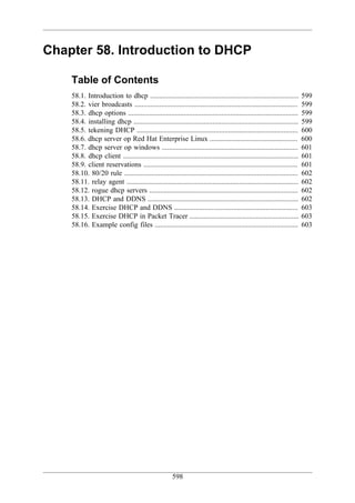 Chapter 58. Introduction to DHCP

    Table of Contents
    58.1. Introduction to dhcp ...................................................................................         599
    58.2. vier broadcasts ...........................................................................................      599
    58.3. dhcp options ...............................................................................................     599
    58.4. installing dhcp ............................................................................................     599
    58.5. tekening DHCP ..........................................................................................         600
    58.6. dhcp server op Red Hat Enterprise Linux .................................................                        600
    58.7. dhcp server op windows ............................................................................              601
    58.8. dhcp client ..................................................................................................   601
    58.9. client reservations ......................................................................................       601
    58.10. 80/20 rule .................................................................................................    602
    58.11. relay agent ................................................................................................    602
    58.12. rogue dhcp servers ...................................................................................          602
    58.13. DHCP and DDNS ....................................................................................              602
    58.14. Exercise DHCP and DDNS .....................................................................                    603
    58.15. Exercise DHCP in Packet Tracer .............................................................                    603
    58.16. Example config files ................................................................................           603




                                                       598
 