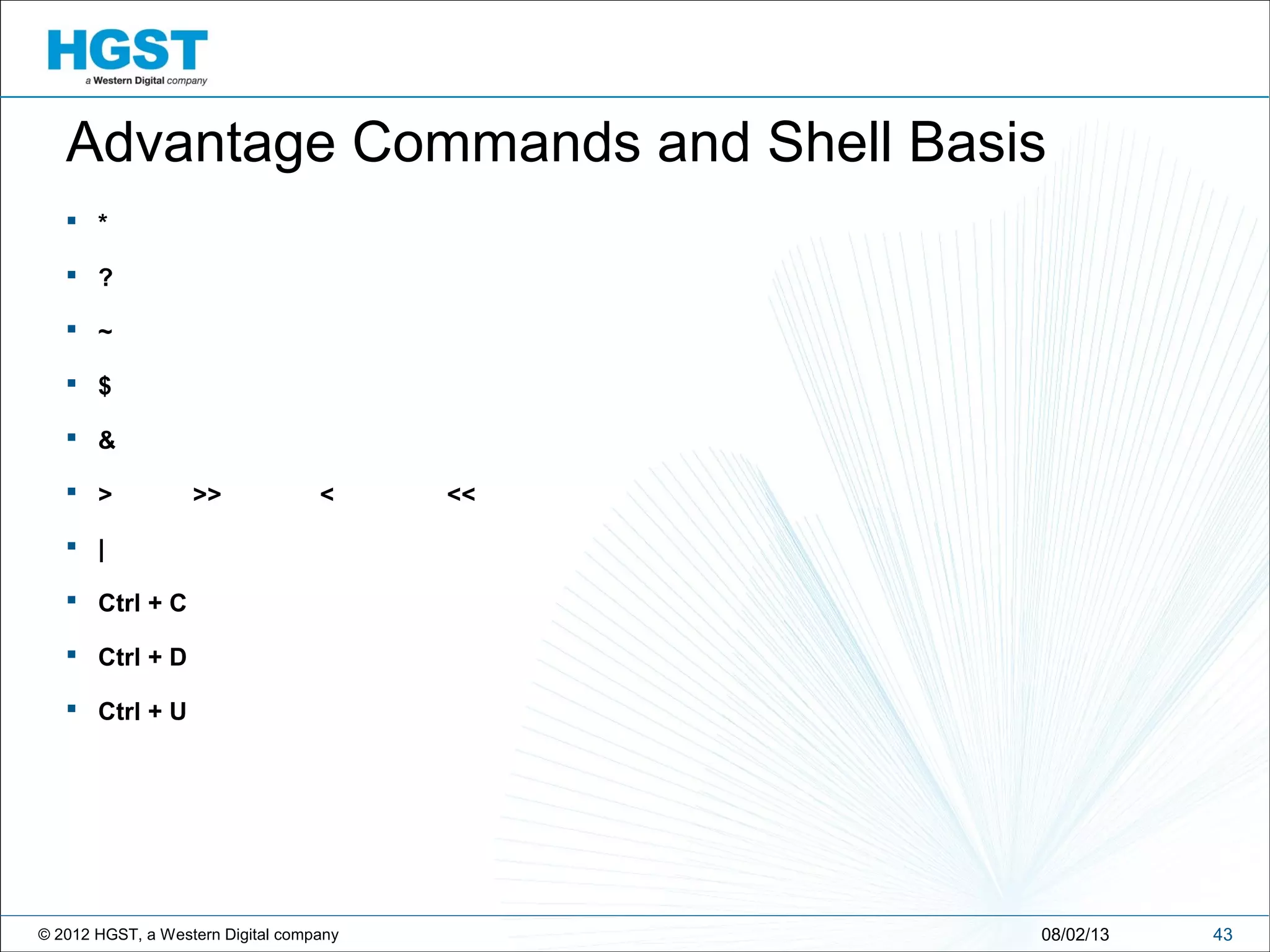 © 2012 HGST, a Western Digital company 4308/02/13
Advantage Commands and Shell Basis
 *
 ?
 ~
 $
 &
 > >> < <<
 |
 Ctrl + C
 Ctrl + D
 Ctrl + U
 