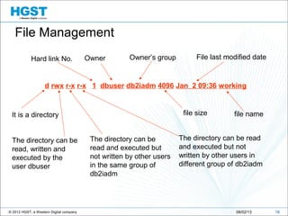 © 2012 HGST, a Western Digital company 1808/02/13
d rwx r-x r-x 1 dbuser db2iadm 4096 Jan 2 09:36 working
It is a directory
The directory can be
read, written and
executed by the
user dbuser
The directory can be
read and executed but
not written by other users
in the same group of
db2iadm
The directory can be read
and executed but not
written by other users in
different group of db2iadm
Owner Owner’s group
file size
Hard link No.
file name
File last modified date
File Management
 