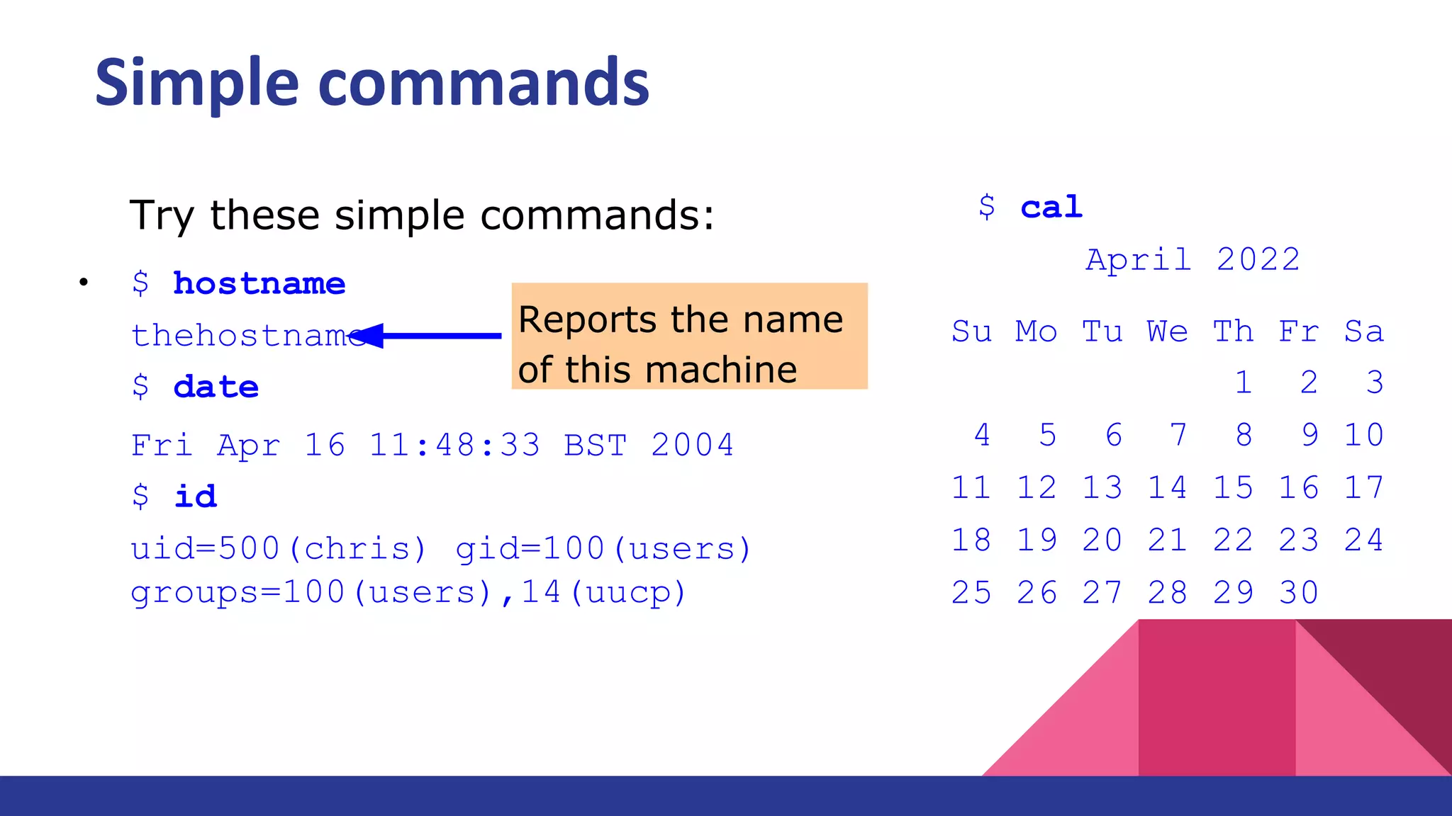 ●
Try these simple commands:
$ hostname
thehostname
$ date
Fri Apr 16 11:48:33 BST 2004
$ id
uid=500(chris) gid=100(users)
groups=100(users),14(uucp)
Su Mo Tu We Th Fr Sa
1 2 3
4 5 6 7 8 9 10
11 12 13 14 15 16 17
18 19 20 21 22 23 24
25 26 27 28 29 30
Reports the name
of this machine
$ cal
April 2022
Simple commands
 
