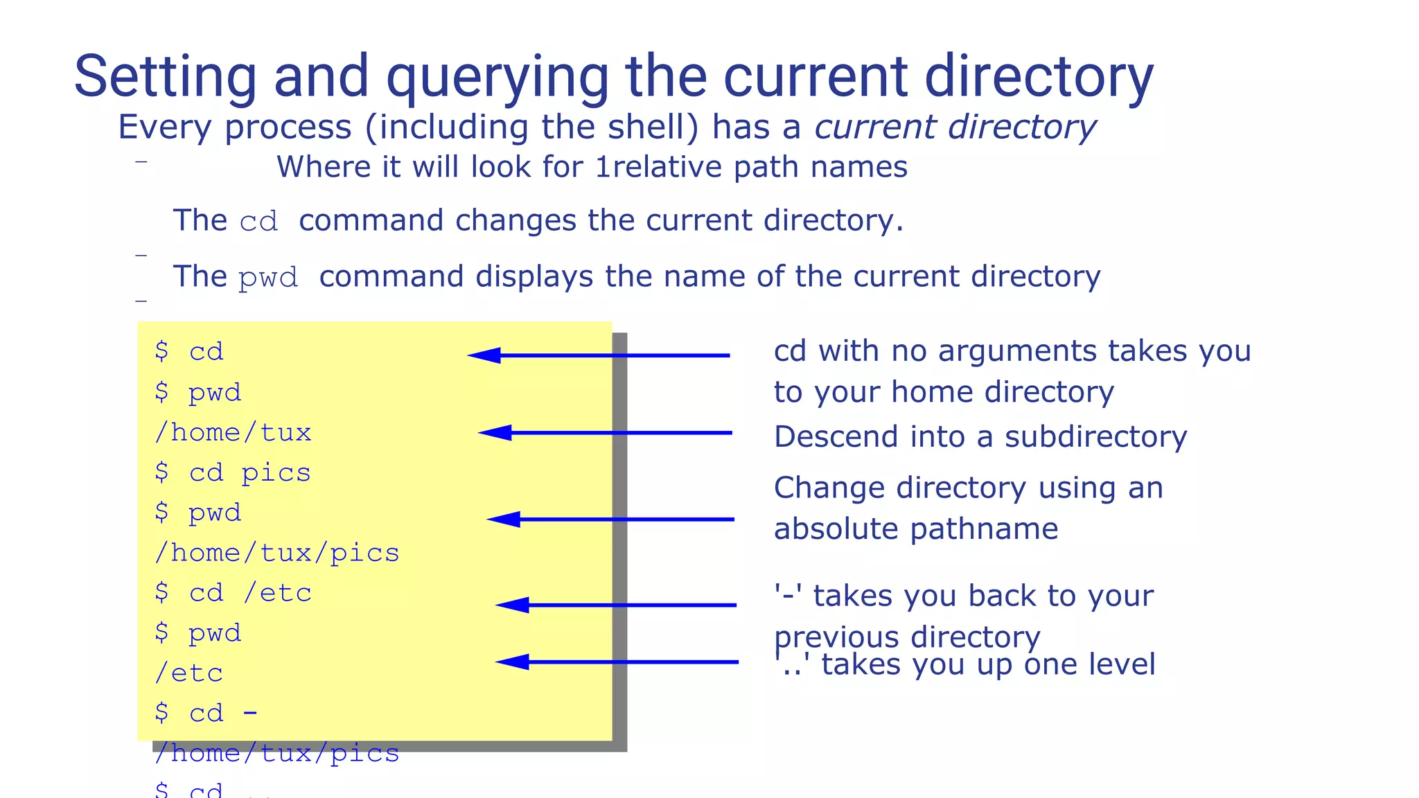 Setting and querying the current directory
Every process (including the shell) has a current directory
–
–
– Where it will look for 1relative path names
The cd command changes the current directory.
The pwd command displays the name of the current directory
$ cd
$ pwd
/home/tux
$ cd pics
$ pwd
/home/tux/pics
$ cd /etc
$ pwd
/etc
$ cd -
/home/tux/pics
cd with no arguments takes you
to your home directory
Descend into a subdirectory
Change directory using an
absolute pathname
'-' takes you back to your
previous directory
'..' takes you up one level
 