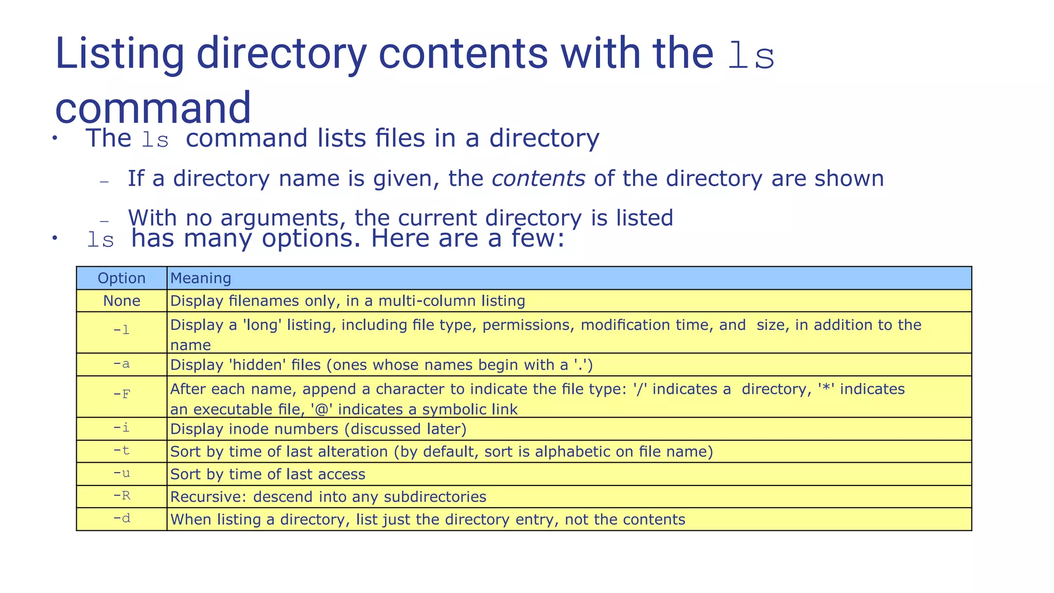 Listing directory contents with the ls
command
●
The ls command lists ﬁles in a directory
– If a directory name is given, the contents of the directory are shown
– With no arguments, the current directory is listed
●
ls has many options. Here are a few:
Option Meaning
None Display ﬁlenames only, in a multi-column listing
-l Display a 'long' listing, including ﬁle type, permissions, modiﬁcation time, and size, in addition to the
name
-a Display 'hidden' ﬁles (ones whose names begin with a '.')
-F After each name, append a character to indicate the ﬁle type: '/' indicates a directory, '*' indicates
an executable ﬁle, '@' indicates a symbolic link
-i Display inode numbers (discussed later)
-t Sort by time of last alteration (by default, sort is alphabetic on ﬁle name)
-u Sort by time of last access
-R Recursive: descend into any subdirectories
-d When listing a directory, list just the directory entry, not the contents
 