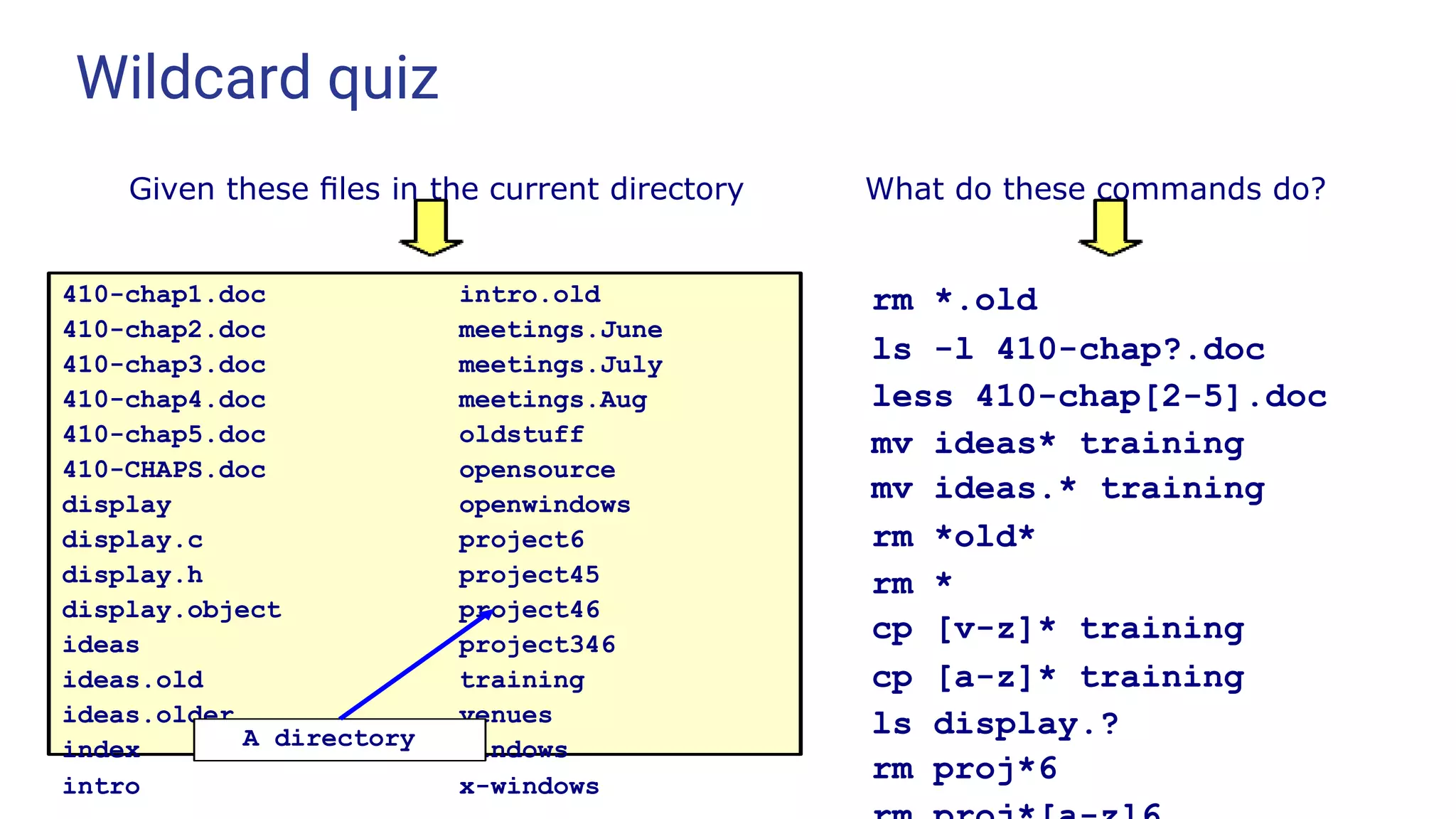 Wildcard quiz
410-chap1.doc
410-chap2.doc
410-chap3.doc
410-chap4.doc
410-chap5.doc
410-CHAPS.doc
display
display.c
display.h
display.object
ideas
ideas.old
ideas.older
index
intro
intro.old
meetings.June
meetings.July
meetings.Aug
oldstuff
opensource
openwindows
project6
project45
project46
project346
training
venues
windows
x-windows
Given these ﬁles in the current directory What do these commands do?
A directory
rm *.old
ls -l 410-chap?.doc
less 410-chap[2-5].doc
mv ideas* training
mv ideas.* training
rm *old*
rm *
cp [v-z]* training
cp [a-z]* training
ls display.?
rm proj*6
 