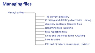 ●
Managing ﬁles
The current directory
Creating and deleting directories Listing
directory contents Copying ﬁles
Renaming ﬁles Deleting
ﬁles Updating ﬁles
Links and the inode table Creating
links to a ﬁle
File and directory permissions revisited
Managing ﬁles
 