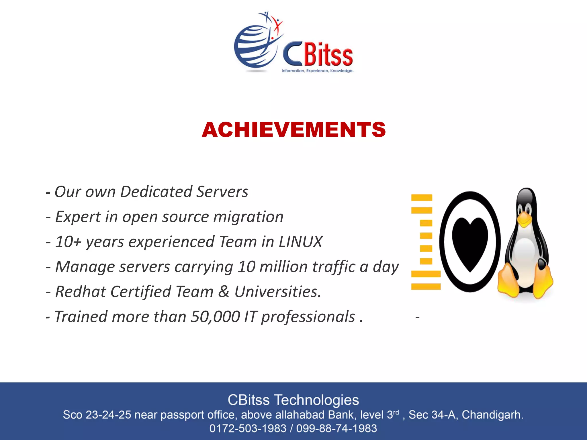 ACHIEVEMENTS
- Our own Dedicated Servers
- Expert in open source migration
- 10+ years experienced Team in LINUX
- Manage servers carrying 10 million traffic a day
- Redhat Certified Team & Universities.
-- Trained more than 50,000 IT professionals .
professionals
 