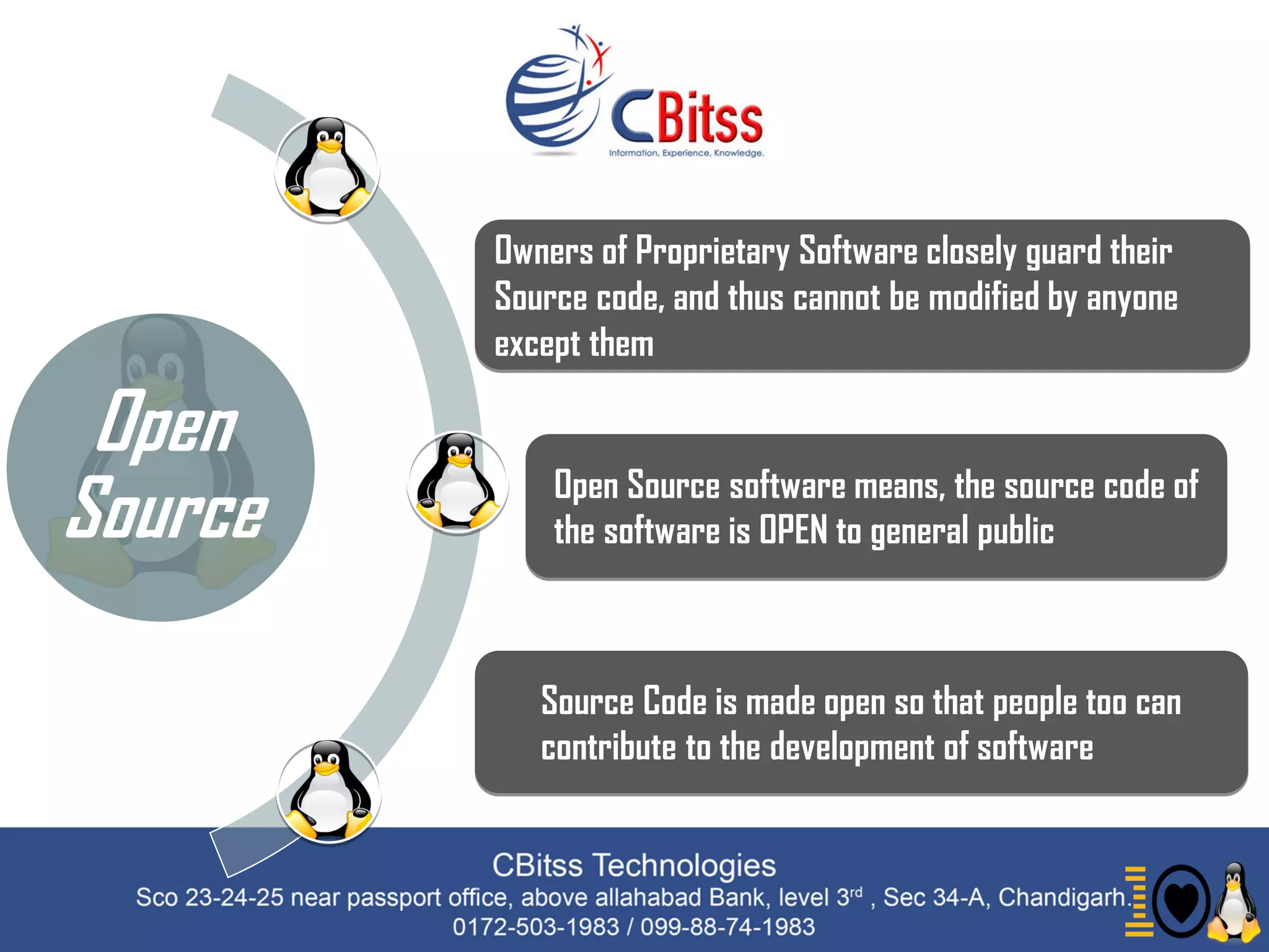 Open
Source
Owners of Proprietary Software closely guard their
Source code, and thus cannot be modified by anyone
except them
Open Source software means, the source code of
the software is OPEN to general public
Source Code is made open so that people too can
contribute to the development of software
 