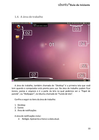 10
1.4. A área de trabalho
A área de trabalho, também chamada de “Desktop” é a primeira tela que você
tem quando o computador está pronto para uso. Na área de trabalho podem ficar
ícones, pastas e arquivos e é a parte da tela na qual podemos ver o “Papel de
parede”, ou “Wallpaper”, no Ubuntu chamado de “Fundo de tela”.
Confira a seguir os itens da área de trabalho:
1. Desktop
2. Ícones
3. Área de notificações
A área de notificações inclui:
Relógio: Apresenta a hora e a data atual.
 