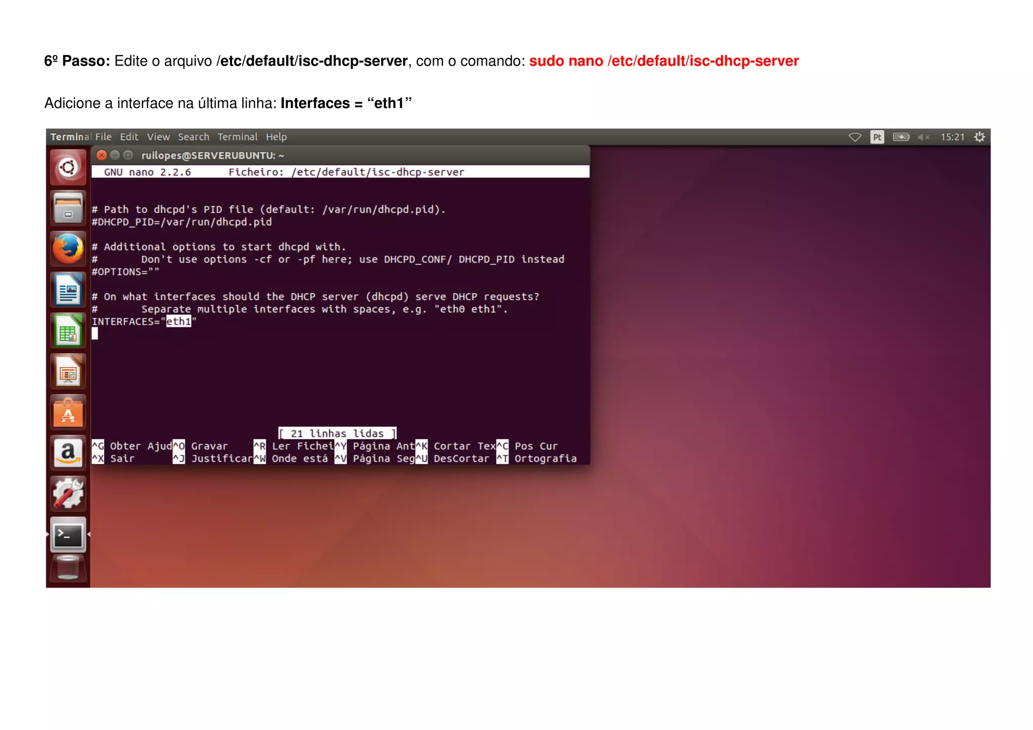 6º Passo: Edite o arquivo /etc/default/isc-dhcp-server, com o comando: sudo nano /etc/default/isc-dhcp-server
Adicione a interface na última linha: Interfaces = “eth1”
 